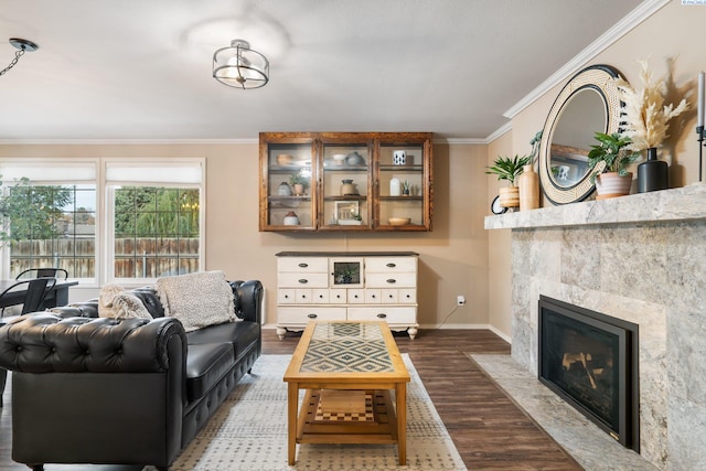 living room with a fireplace, wood finished floors, baseboards, and ornamental molding