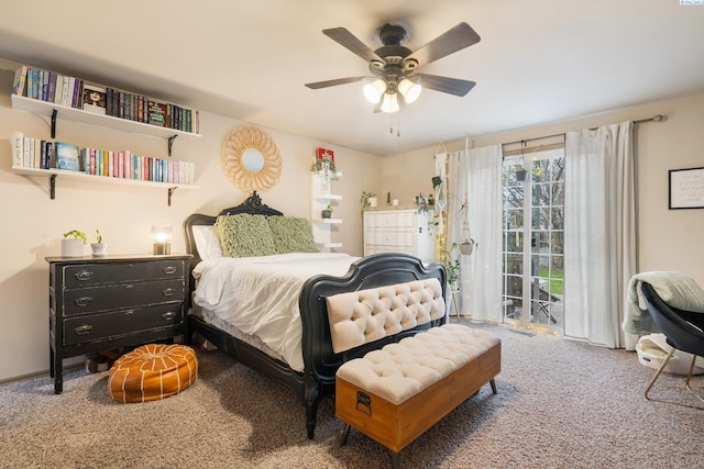 bedroom with carpet floors, a ceiling fan, and access to exterior