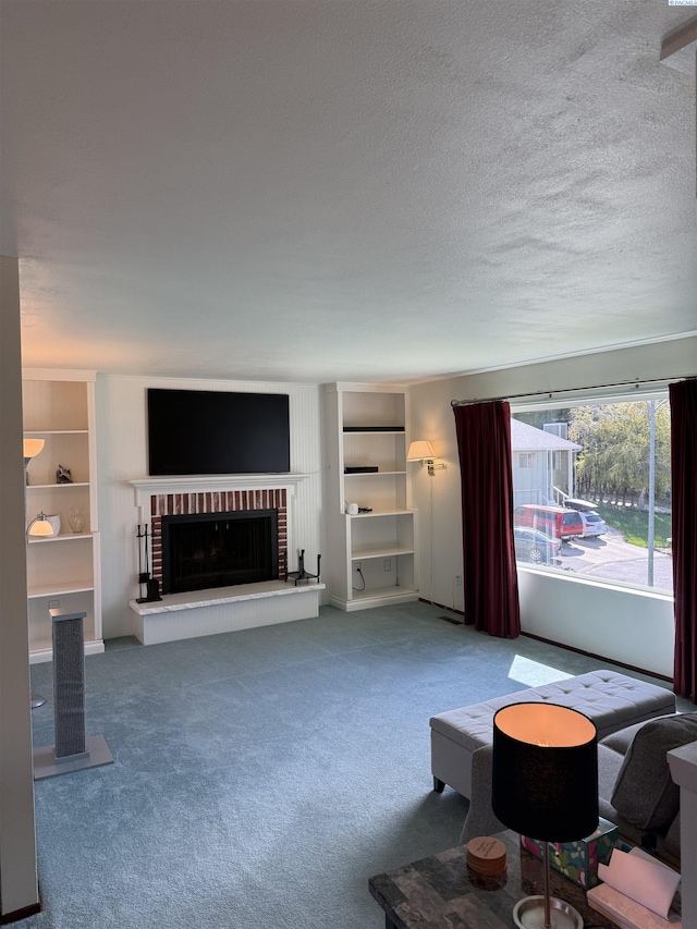 1336 Semillon Pl, Prosser, WA 99350 - living room featuring a brick fireplace, carpet floors, and a textured ceiling