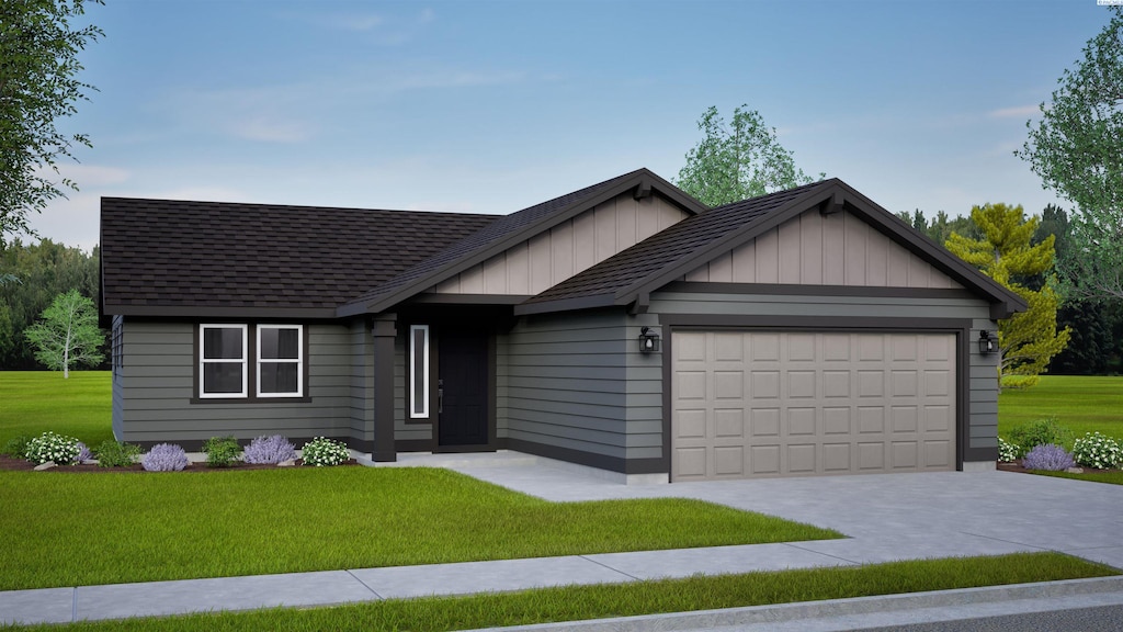 413 Van Way, Grandview, WA 98930 - view of front of property featuring a front yard, a garage, concrete driveway, board and batten siding, and roof with shingles