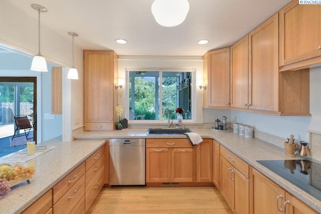 1935 Harris Ave, Richland, WA 99354 - kitchen featuring dishwasher, hanging light fixtures, light wood-style flooring, light stone countertops, and recessed lighting