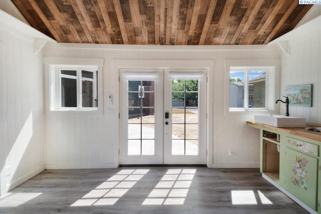 1935 Harris Ave, Richland, WA 99354 - doorway featuring french doors, wooden ceiling, wood finished floors, wood walls, and vaulted ceiling