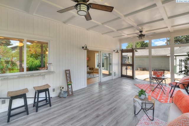 1935 Harris Ave, Richland, WA 99354 - sunroom featuring a ceiling fan, coffered ceiling, wood finished floors, beamed ceiling, and french doors