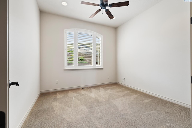 unfurnished room with carpet floors, recessed lighting, baseboards, and ceiling fan
