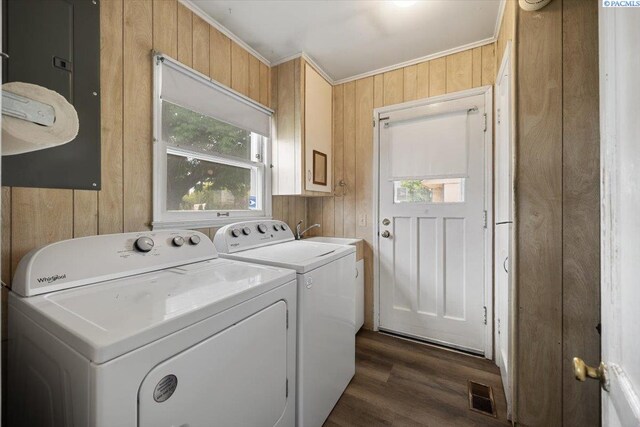1001 Wilson St, Richland, WA 99354 - laundry area featuring washer and clothes dryer, wooden walls, cabinet space, crown molding, and plenty of natural light