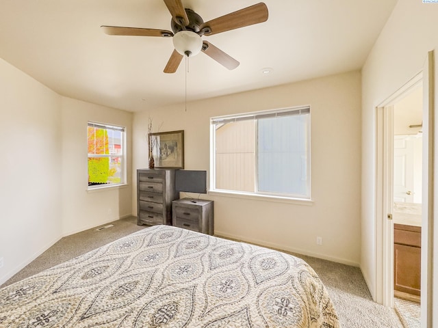 bedroom featuring carpet floors, ceiling fan, and baseboards