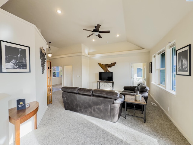 carpeted living area with lofted ceiling, baseboards, a ceiling fan, and recessed lighting