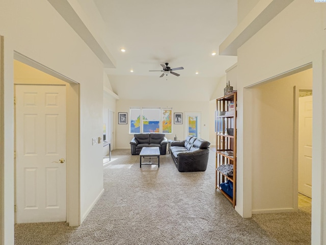 living area with recessed lighting, carpet flooring, vaulted ceiling, and ceiling fan