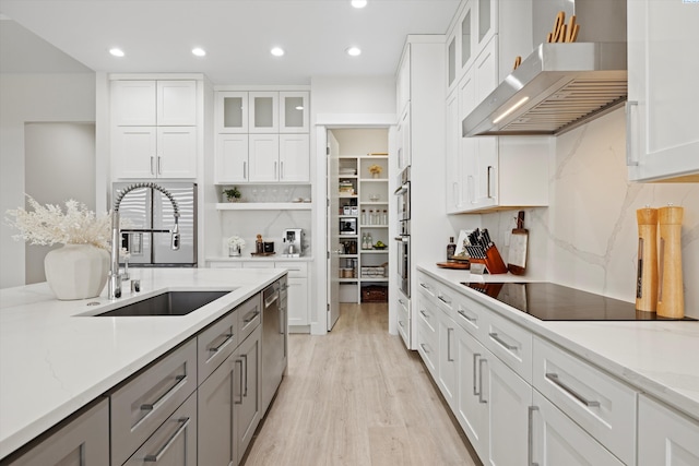 kitchen with white cabinetry, sink, wall chimney range hood, and black electric cooktop