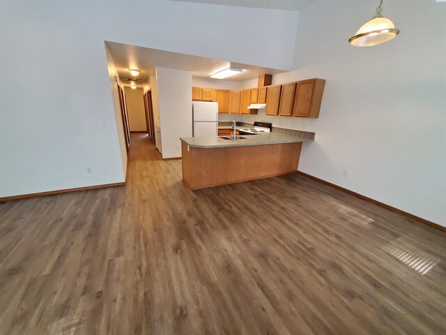 1135-1137 NE Indiana St, Pullman, WA 99163 - kitchen featuring dark wood-style flooring, baseboards, freestanding refrigerator, a peninsula, and electric stove