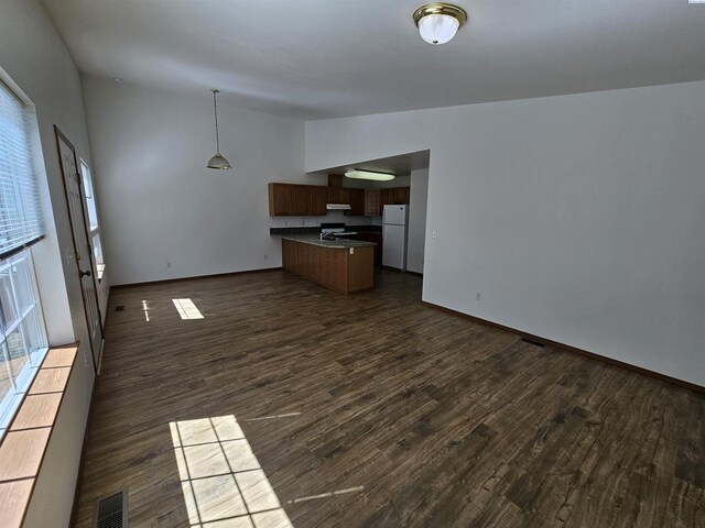 1135-1137 NE Indiana St, Pullman, WA 99163 - unfurnished living room with plenty of natural light, baseboards, vaulted ceiling, and dark wood-style floors