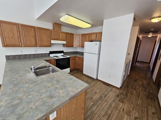 1135-1137 NE Indiana St, Pullman, WA 99163 - kitchen with brown cabinets, dark wood finished floors, a sink, under cabinet range hood, and white appliances