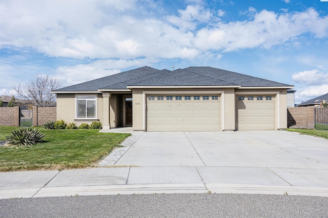 single story home featuring stucco siding, fence, concrete driveway, and an attached garage