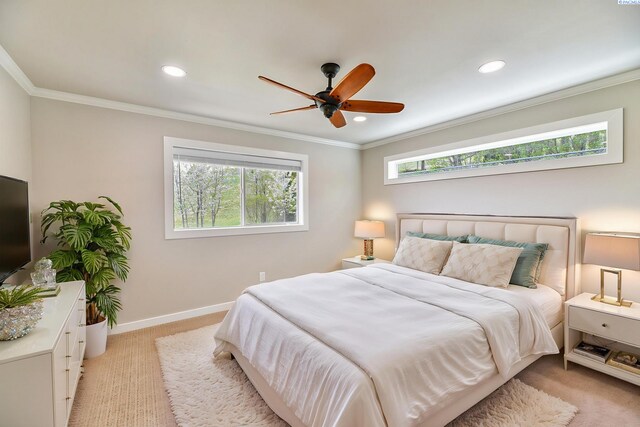 745 SE Carolstar Dr, Pullman, WA 99163 - bedroom featuring light colored carpet, recessed lighting, baseboards, ornamental molding, and ceiling fan
