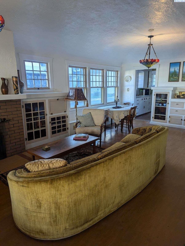 living room featuring wood-type flooring and a textured ceiling