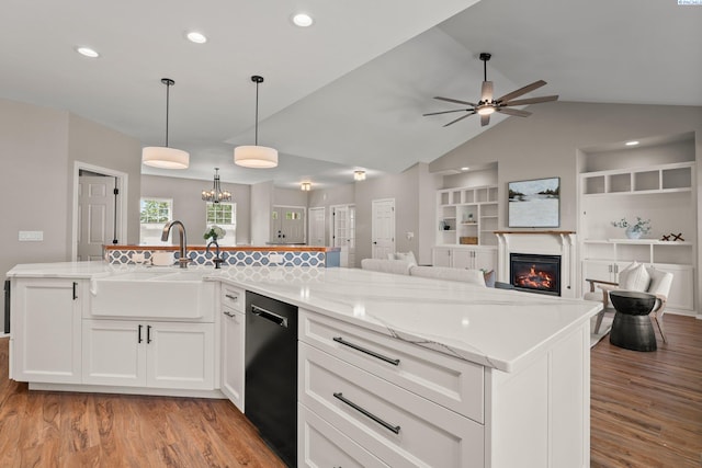 19 Ivy Ln, Pasco, WA 99301 - kitchen featuring black dishwasher, open floor plan, light wood-style flooring, white cabinets, and recessed lighting