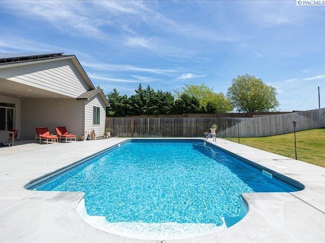 view of pool featuring a patio, a fenced backyard, and a fenced in pool