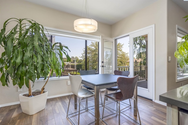 dining room featuring wood finished floors and baseboards