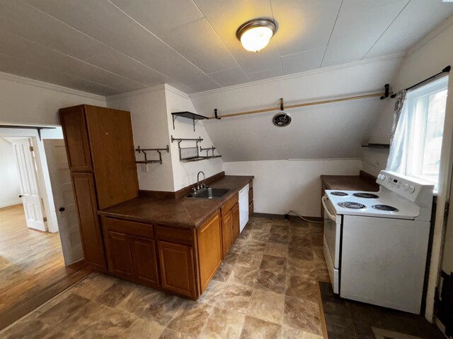 320 SE High St, Pullman, WA 99163 - kitchen with a sink, open shelves, brown cabinets, white appliances, and dark countertops