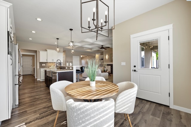 1120 S Kansas Pl, Kennewick, WA 99338 - dining area with beamed ceiling, dark wood finished floors, recessed lighting, coffered ceiling, and ceiling fan with notable chandelier