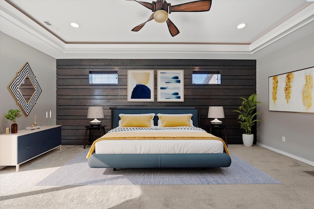 1120 S Kansas Pl, Kennewick, WA 99338 - carpeted bedroom with a tray ceiling, wood walls, and visible vents