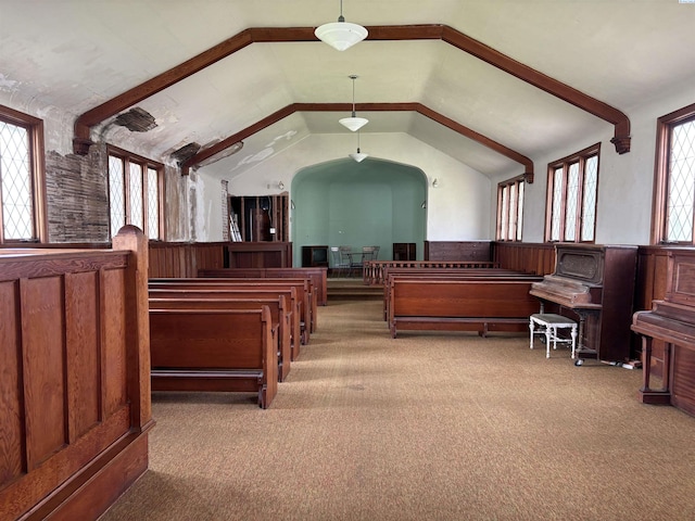 interior space with vaulted ceiling, carpet, and a wealth of natural light