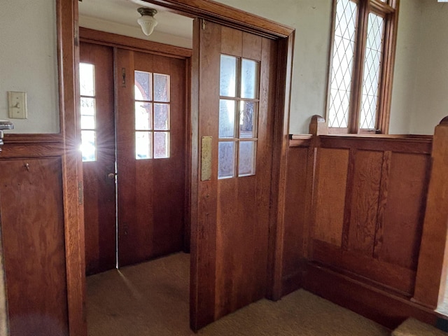 doorway featuring a wealth of natural light and wood walls