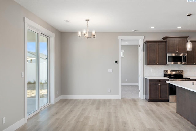 kitchen with backsplash, dark brown cabinets, stainless steel appliances, a wealth of natural light, and decorative light fixtures