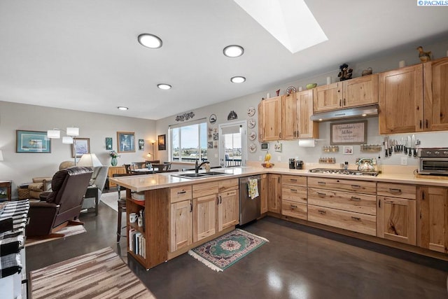 kitchen featuring finished concrete flooring, stainless steel appliances, open floor plan, a sink, and under cabinet range hood