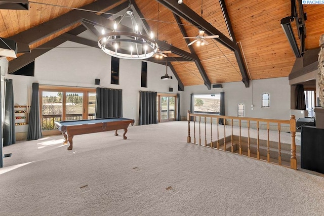 game room featuring high vaulted ceiling, wooden ceiling, billiards, beamed ceiling, and carpet