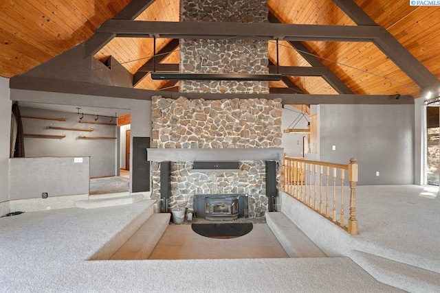 living room featuring carpet floors, a wood stove, high vaulted ceiling, wooden ceiling, and beamed ceiling