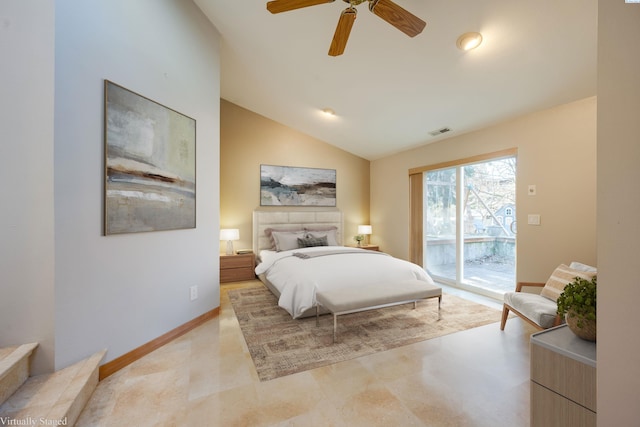 bedroom with baseboards, visible vents, ceiling fan, access to exterior, and vaulted ceiling