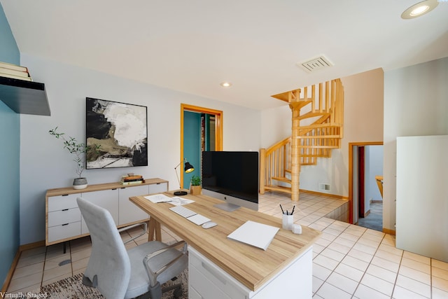 home office with light tile patterned floors, visible vents, and recessed lighting