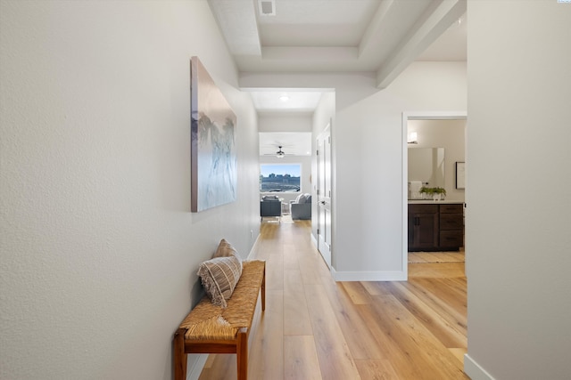 hallway featuring a tray ceiling and light wood-type flooring