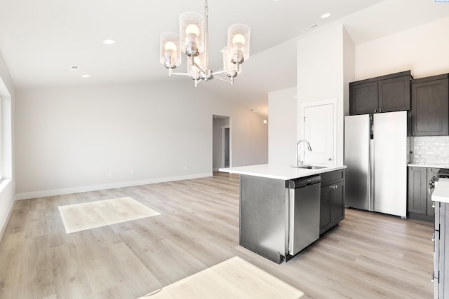 6563 W 30th Pl, Kennewick, WA 99338 - kitchen with light countertops, decorative backsplash, appliances with stainless steel finishes, an inviting chandelier, and a sink