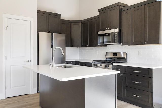 6563 W 30th Pl, Kennewick, WA 99338 - kitchen featuring a sink, backsplash, appliances with stainless steel finishes, light wood-style floors, and a kitchen island with sink