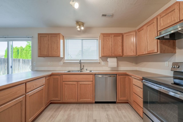 927 N Owen Ave, Pasco, WA 99301 - kitchen featuring appliances with stainless steel finishes, a sink, under cabinet range hood, light countertops, and light wood-type flooring