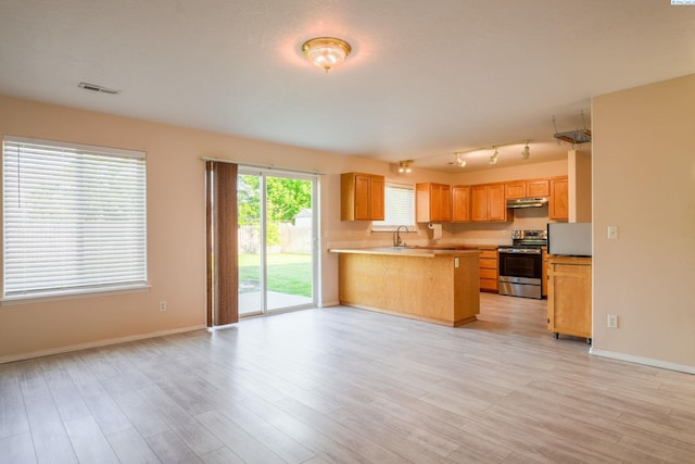 927 N Owen Ave, Pasco, WA 99301 - kitchen with stainless steel range with electric stovetop, under cabinet range hood, open floor plan, a sink, and a peninsula