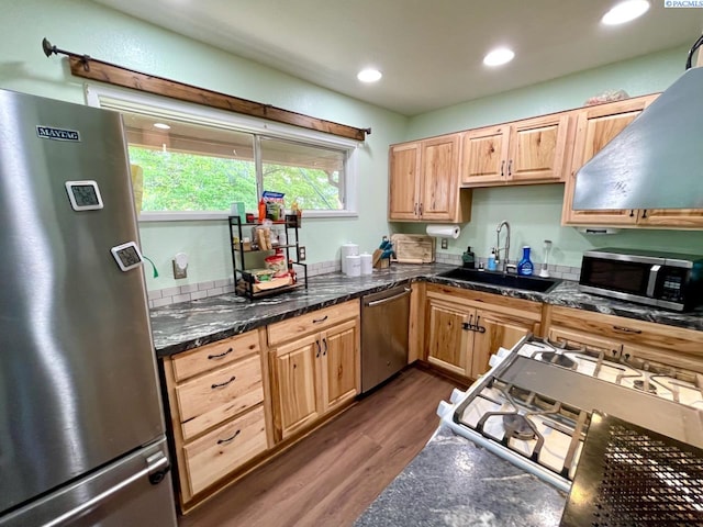 2402 Dover St, Richland, WA 99352 - kitchen featuring appliances with stainless steel finishes, a sink, dark wood-type flooring, recessed lighting, and light brown cabinetry