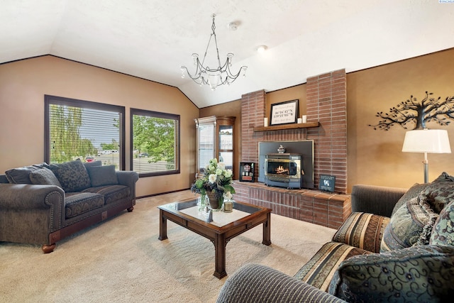 4834 W Robin Ct, West Richland, WA 99353 - living area with lofted ceiling, light carpet, a brick fireplace, and a chandelier