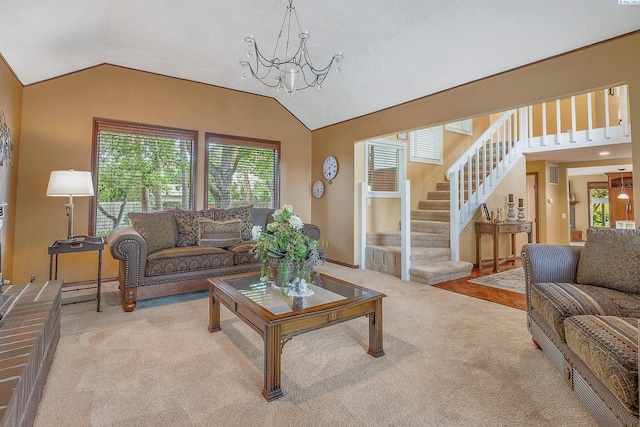 4834 W Robin Ct, West Richland, WA 99353 - carpeted living room with lofted ceiling, stairway, and a chandelier