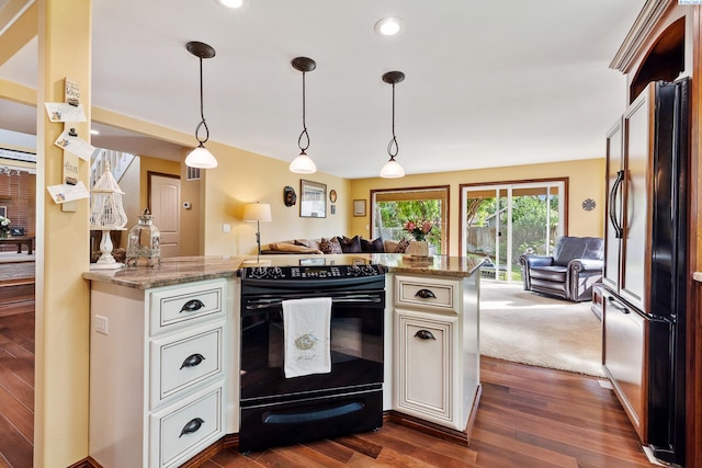 4834 W Robin Ct, West Richland, WA 99353 - kitchen featuring black appliances, open floor plan, dark wood-type flooring, hanging light fixtures, and light stone countertops
