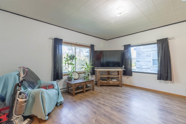 living area featuring wood finished floors and baseboards