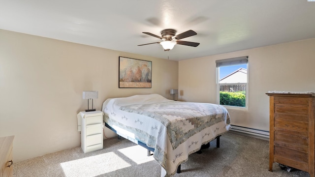 carpeted bedroom with a ceiling fan and baseboard heating