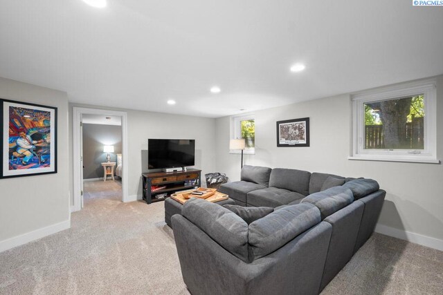 1005 NW State St, Pullman, WA 99163 - living room with light colored carpet, baseboards, and recessed lighting