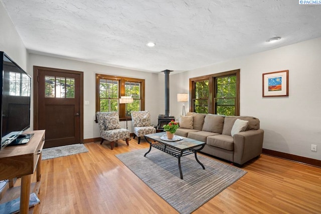 1005 NW State St, Pullman, WA 99163 - living room featuring a wood stove, baseboards, healthy amount of natural light, light wood-style flooring, and recessed lighting