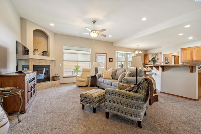 8712 W 9th Ave, Kennewick, WA 99336 - living area with light colored carpet, a ceiling fan, recessed lighting, and a tile fireplace