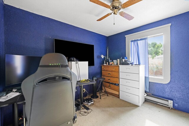 506 S Zillah St, Kennewick, WA 99336 - carpeted home office with a textured wall, a baseboard radiator, and a ceiling fan