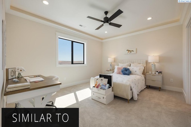 carpeted bedroom featuring ornamental molding and ceiling fan