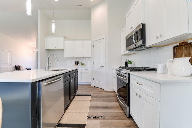 6482 W 30th Pl, Kennewick, WA 99338 - kitchen featuring appliances with stainless steel finishes, a sink, light wood-style flooring, tasteful backsplash, and light countertops